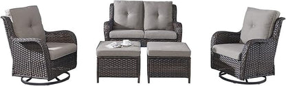 Rilyson Wicker Patio Furniture Set - 5 Piece Rattan Outdoor Sectional Conversation Sets with 2 Rocking Swivel Chairs,2 Ottomans and 1 Loveseat for Porch Deck Garden(Brown/Grey)