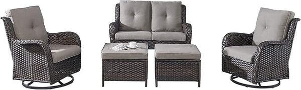 Rilyson Wicker Patio Furniture Set - 5 Piece Rattan Outdoor Sectional Conversation Sets with 2 Rocking Swivel Chairs - Photo 1