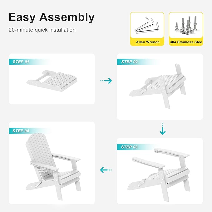 HDPE Foldable Adirondack Outdoor Chair with Cup Holder, Weather Resistant Heavy-Duty Patio Chair for Patio, Backyard, Deck, Fire Pit, Lawn and Porch, White
