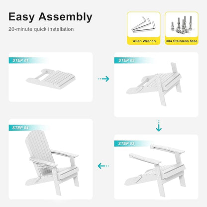 HDPE Foldable Adirondack Outdoor Chair Set of 2 with Cup Holder, Weather Resistant Heavy-Duty Patio Chair for Patio, Backyard, Deck, Fire Pit, Lawn and Porch, White