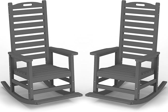 PLUUV Outdoor Rocking Chair Set of 2 with Removable Footboard for Adults, HDPE High Back Patio Rocking Chairs, 330lbs All Weather Porch Rocking Chairs for Outdoor & Indoor -Grey