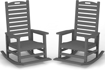 PLUUV Outdoor Rocking Chair Set of 2 with Removable Footboard for Adults, HDPE High Back Patio Rocking Chairs, 330lbs All Weather Porch Rocking Chairs for Outdoor & Indoor -Grey