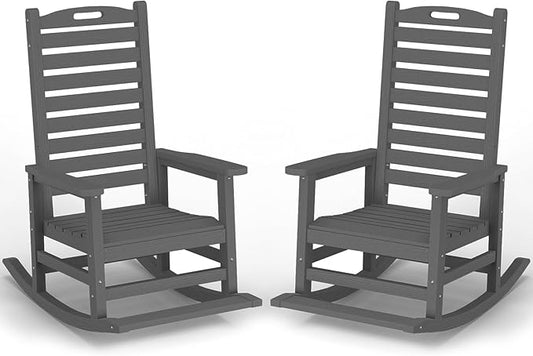 PLUUV Outdoor Rocking Chair Set of 2 with Removable Footboard for Adults, HDPE High Back Patio Rocking Chairs, 330lbs All Weather Porch Rocking Chairs for Outdoor & Indoor -Grey