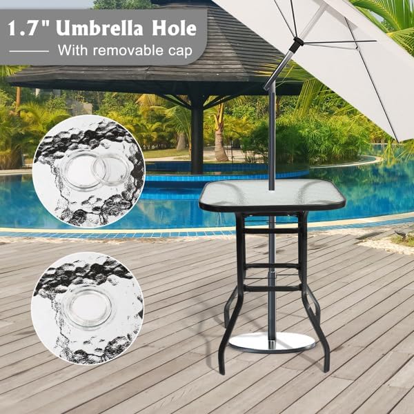 Outdoor Bar Table with Umbrella Hole, End Table with Glass Top, Patio Coffee Bistro Table for Indoor Garden Porch Balcony (Black, Square 31x31x40in)