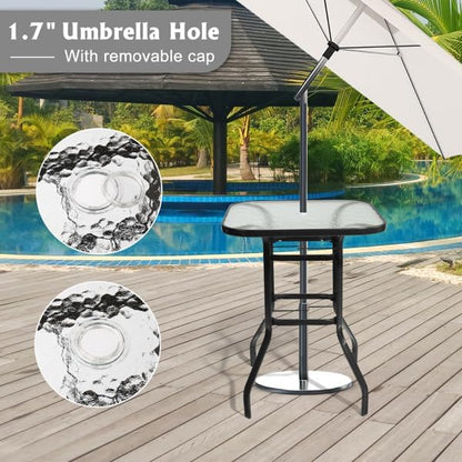 Outdoor Bar Table with Umbrella Hole, End Table with Glass Top, Patio Coffee Bistro Table for Indoor Garden Porch Balcony (Black, Square 31x31x40in)