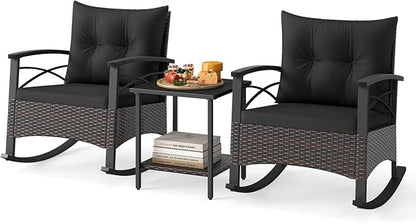 ORALNER 3-Piece Wicker Rocking Chair Set, Outdoor Cushioned Rocker and Acacia Wood Side Table, 400lbs Capacity, PE Rattan Patio Conversation Bistro Set for Porch, Garden, Deck, Poolside, Yard (Black)