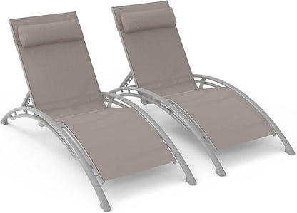 Domi Outdoor Chaise Lounge Set of 2 Patio Recliner Chairs with Adjustable Backrest and Removable Pillow for Indoor&Outdoor Beach Pool Sunbathing Lawn Khaki