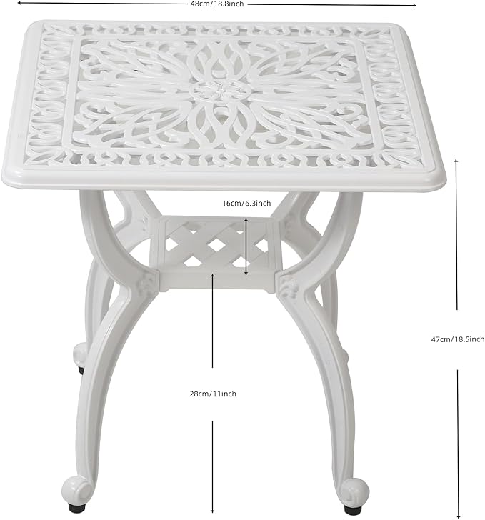 KAILI Outdoor Cast Aluminum Side Table Patio Side Table Backyard, Pool, Indoor, Easy Maintenance and Weather Resistant Coffee Table Porch Table Bistro Table (18.5square-White)