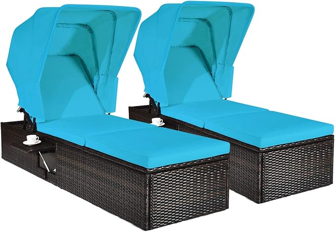 Tangkula 2PCS Outdoor Chaise Lounge Chair with Folding Canopy, Adjustable Cushioned Reclining Chair with Flip-up Tea Table, Rattan Sun Lounger for Beach Poolside Backyard Balcony Porch (2, Turquoise)