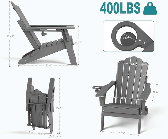 FOOWIN Adirondack Chair Set of 6, Folding HDPE Patio Chairs with Cup Holder, 400LBS Heavy Duty Fire Pit Chairs for Large Garden, Deck, Resort, Commercial Use,Grey