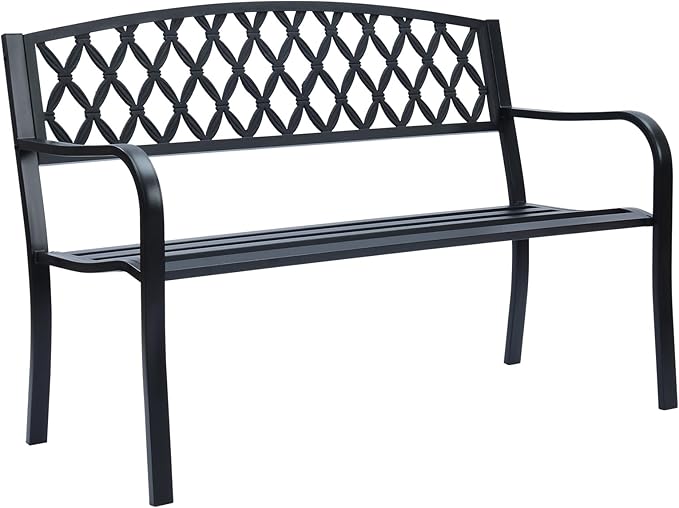 Lattice Metal Park Patio Bench, Outdoor Bench in Black for Porch, Lawn, Garden, Deck by Sun-Ray