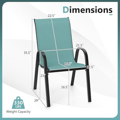 COSTWAY Patio Dining Chairs Set of 2, Stackable Outdoor Chairs with Armrest and High Back, Breathable Fabric & Metal Frame Chair for Garden Poolside Backyard Deck (Turquoise)