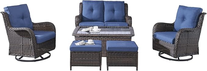 Rilyson Wicker Patio Furniture Set - 6 Piece Rattan Outdoor Sectional Conversation Sets with 2 Swivel Rocking Chairs,2 Ottomans,1 Loveseat and 1 Coffee Table for Porch Deck Garden(Brown/Blue)