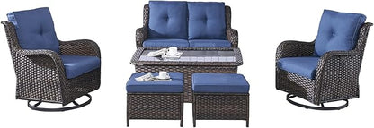 Rilyson Wicker Patio Furniture Set - 6 Piece Rattan Outdoor Sectional Conversation Sets with 2 Swivel Rocking Chairs,2 Ottomans,1 Loveseat and 1 Coffee Table for Porch Deck Garden(Brown/Blue)
