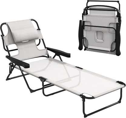 3-in-1 Oversized Sun Tanning Chair with Mat & Face Hole, Heavy Duty Folding Chaise Lounge - 5-Position Adjustable Outdoor Chair for Beach, Pool, Patio, Lawn, Yard - Includes Pillow (Beige)