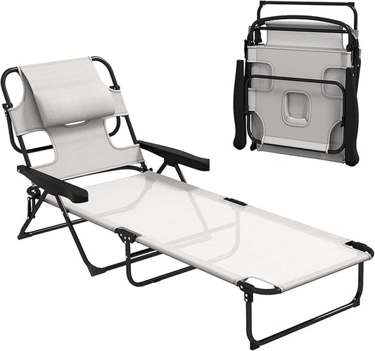 3-in-1 Oversized Sun Tanning Chair with Mat & Face Hole, Heavy Duty Folding Chaise Lounge - 5-Position Adjustable Outdoor Chair for Beach, Pool, Patio, Lawn, Yard - Includes Pillow (Beige)