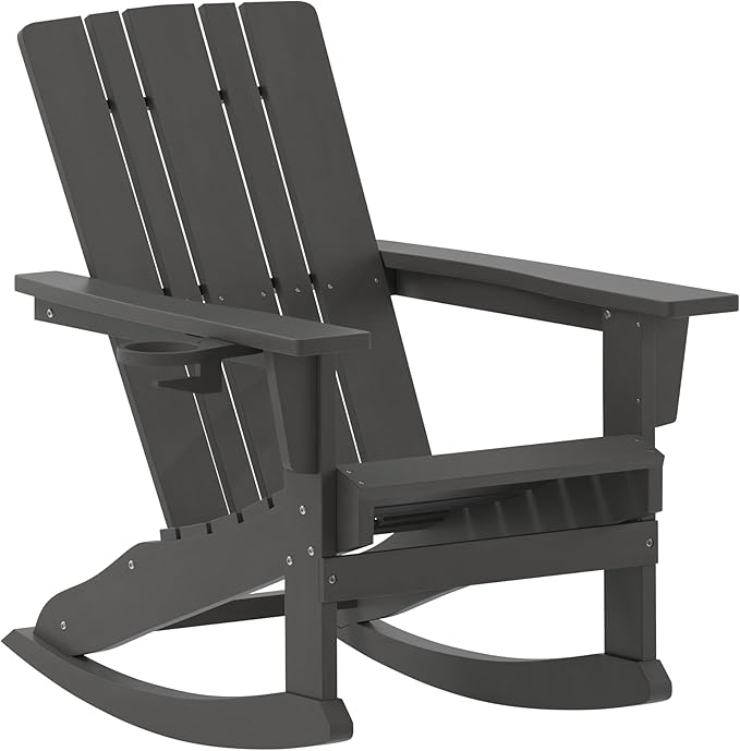 Flash Furniture Halifax Adirondack Rocking Chair with Cup Holder, Weather Resistant Poly Resin Adirondack Rocking Chair, Gray