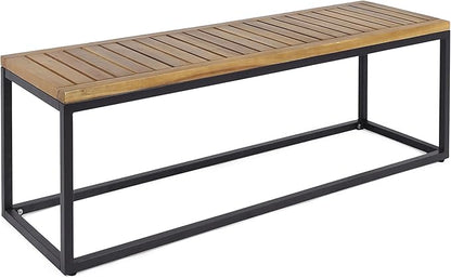 Merax 57 Inch Outdoor Garden Bench, Iron Metal Frame Patio Park Bench with Teak Finish & Slat Seat, Outside Backless Wooden Bench for Front Porch Path Yard Lawn Backyard for 3 Person Seat