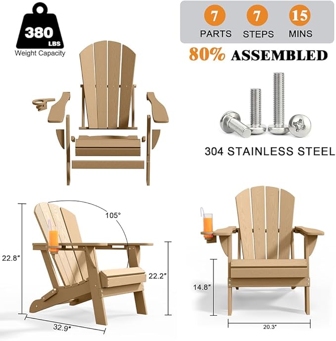 Folding Adirondack Chairs with Cup Holders, Set of 4 HDPE Plastic Outdoor Chairs, Weather Resistant, Real Wood Look - Photo 3