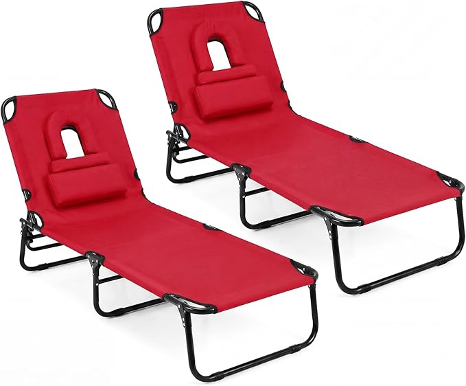 GYMAX Tanning Chair, 330lbs Beach Lounge Chair with Face Hole, Detachable Washable Pillow & Carry Strap, Adjustable Folding Chaise Lounge, Layout Chair for Outside, Patio, Poolside, Lawn (2, Red)