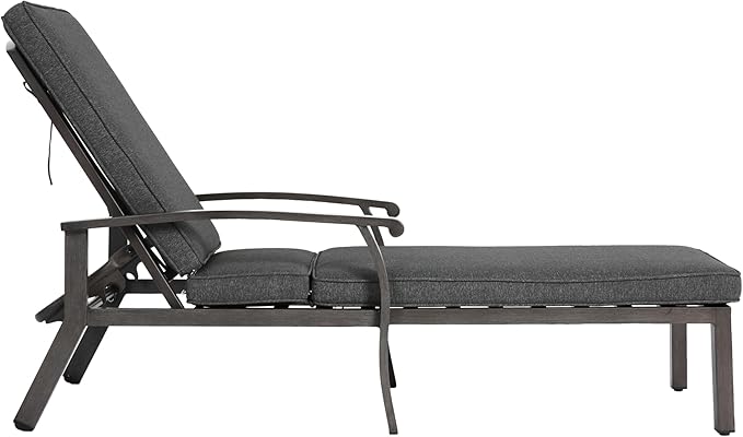 Chaise Lounge Chair Outdoor Cast Aluminum Reclining Lounger with Cushion, 5-Position Adjustable Backrest, Waterproof Padded Seat, Hidden Wheels, Elegant Poolside Garden Patio Seating (Grey)