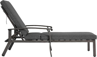 Chaise Lounge Chair Outdoor Cast Aluminum Reclining Lounger with Cushion, 5-Position Adjustable Backrest, Waterproof Padded Seat, Hidden Wheels, Elegant Poolside Garden Patio Seating (Grey)