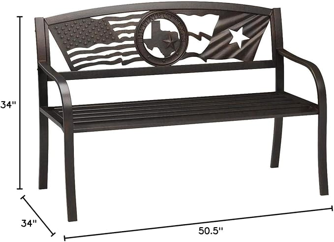 Leigh Country Flags Over Texas Metal Bench, Outdoor Decorative Patio Seating for Porch/Deck