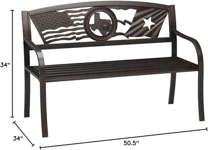 Leigh Country Flags Over Texas Metal Bench, Outdoor Decorative Patio Seating for Porch/Deck