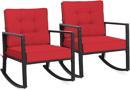 Tangkula Wicker Rocking Chair, Outdoor Glider Rattan Rocker Chair with Heavy-Duty Steel Frame, Patio Wicker Furniture Seat with 5” Thick Cushion for Garden, Porch, Backyard, Poolside (2, Red)