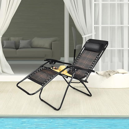 COSTWAY Zero Gravity Lounge Chair, Patio Rattan Recliner with Pillow, Lockable, Foldable & Lightweight, Suitable for Outdoor Use (Mix Brown)