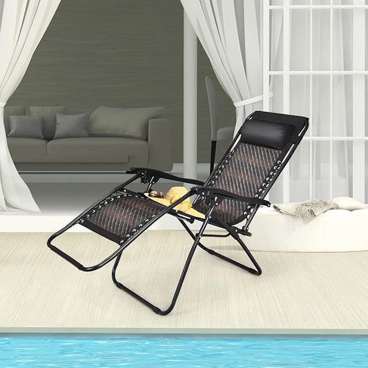 COSTWAY Zero Gravity Lounge Chair, Patio Rattan Recliner with Pillow, Lockable, Foldable & Lightweight, Suitable for Outdoor Use (Mix Brown)