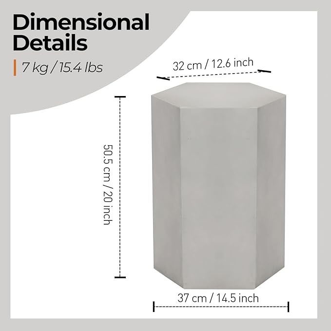 HOMPUS Concrete Side Table, Hexagon Outdoor Side Table, Modular Design Accent Table, Indoor Patio End Table, Light Grey Home Décor for Living Room, Bedroom or Backyard (14.5" L x 12.5" W x20 H)