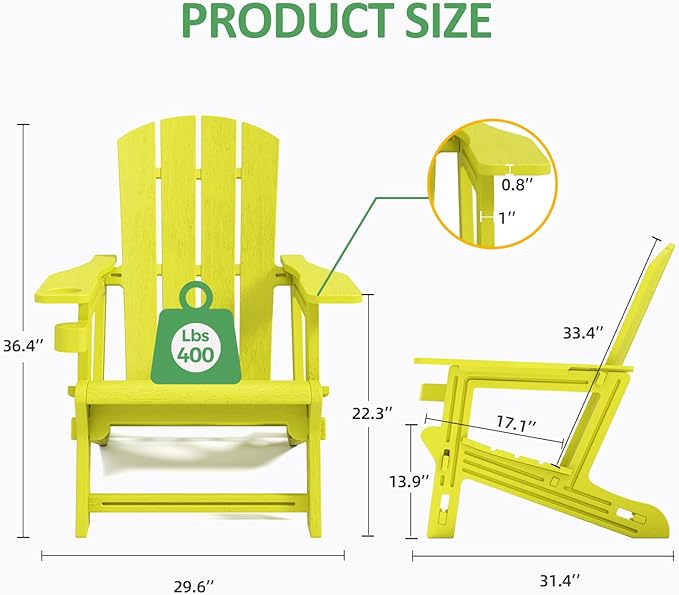 FONTOI Adirondack Chair, Outdoor Weather Resistant Lawn Furniture, Plastic Adirondack Chair with Cup Holder, 400 LBS Capacity Recliner, Garden Backyard Patio Without Screws Install, Yellow