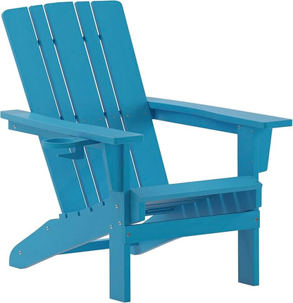 Flash Furniture Halifax Adirondack Chair with Cup Holder, Weather Resistant Poly Resin Adirondack Chair, Blue