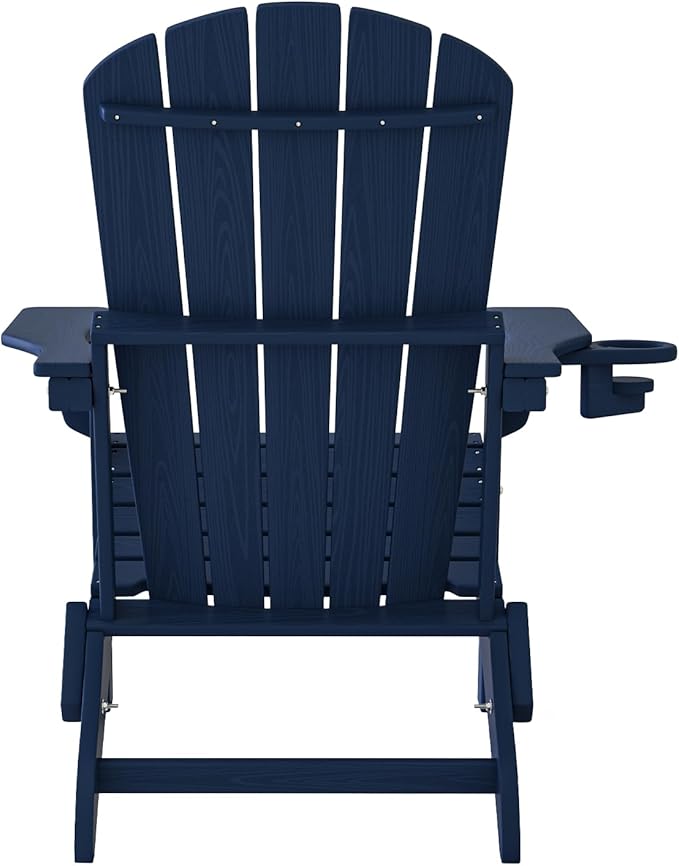 Plawdlik Folding Adirondack Chair Set of 6 with Cup Holder，Wooden Textured ，Heavy All-Weather HDPE Comfortable Set Poolside Backyard Lawn, Navy