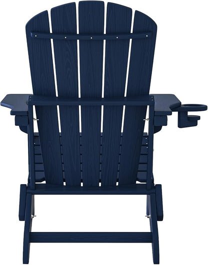 Plawdlik Folding Adirondack Chair Set of 6 with Cup Holder，Wooden Textured ，Heavy All-Weather HDPE Comfortable Set Poolside Backyard Lawn, Navy