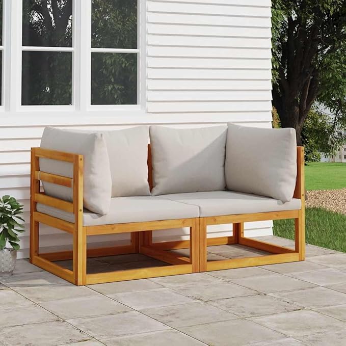 Corner Sofa Light Grey Solid Acacia Wood Outdoor Sectional Sofa Units for Patio, Garden, Balcony, Seating up to 4 People