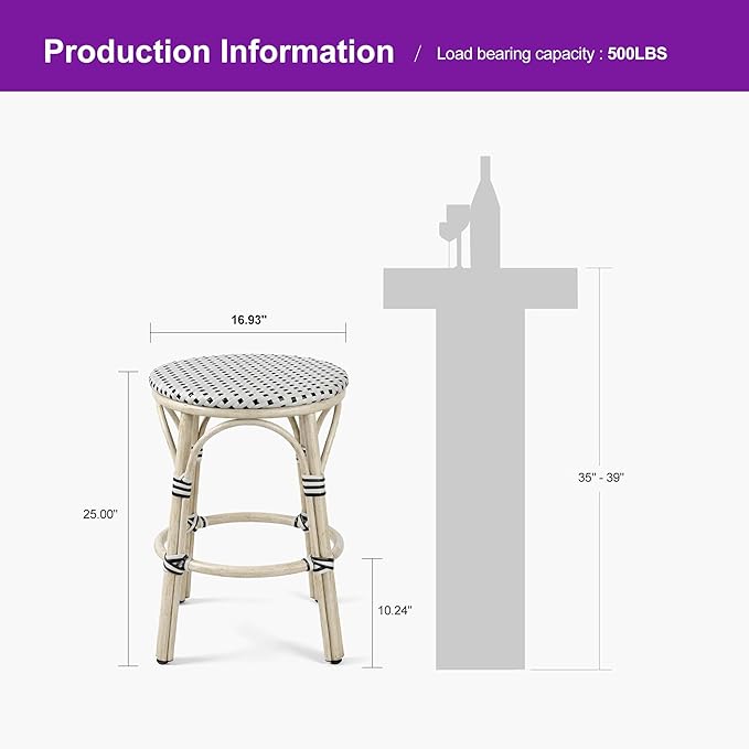 PURPLE LEAF Patio French Round Counter Stool Set of 2 Backless 26" Large Seat White Print Aluminum Frame Barstools with - Photo 2