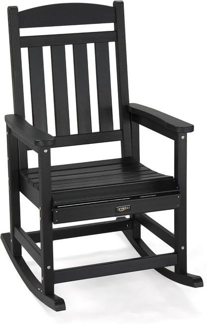 VINGLI Outdoor Rocking Chair, HDPE Rocking Chair with Higher Backrest, All Weather Rocker for Garden, Yard, Balcony, Black