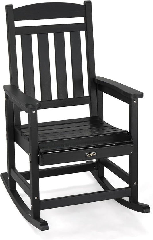 VINGLI Outdoor Rocking Chair, HDPE Rocking Chair with Higher Backrest, All Weather Rocker for Garden, Yard, Balcony, Black