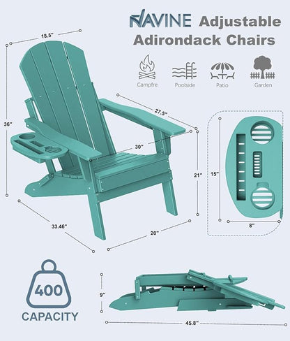 Adjustable Adirondack Chair Set of 4 with Cup Holder, All Weather HDPE Fire Pit Chairs for Deck, Backyard, Patio, Lake Blue