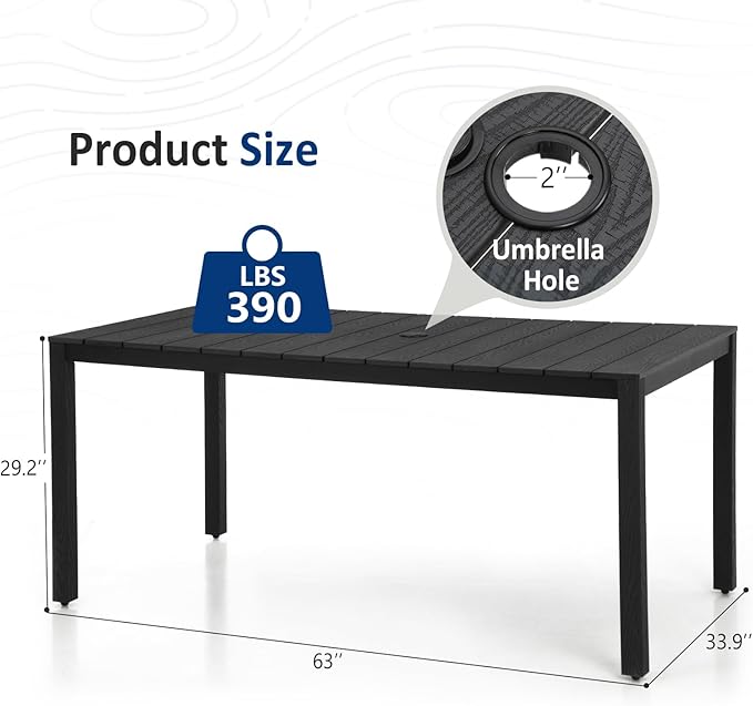 Outdoor Dining Table, Weatherproof 63" Rectangle HIPS Patio Dining Table for 6, with 2" Umbrella Hole, Outdoor Table for Backyard Deck Poolside, Black
