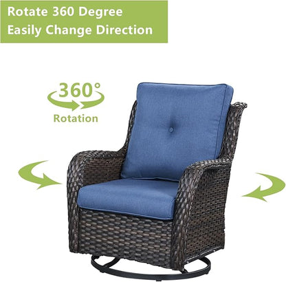 Rilyson Wicker Patio Furniture Set - 4 Piece Rattan Outdoor Sectional Conversation Sets with 2 Swivel Rocking Chairs,2 Ottomans for Porch Deck Garden(Brown/Blue)
