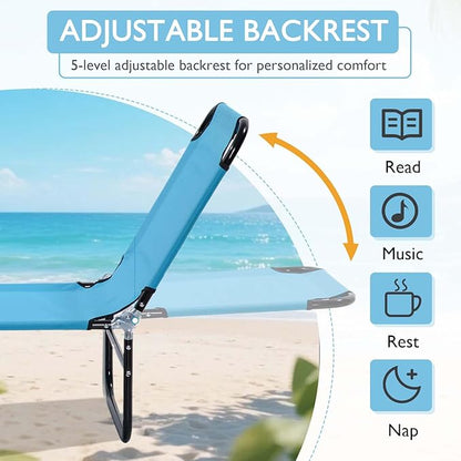 3-in-1 Heavy Duty Tanning Chair with Face Hole Adjustable 5-Position Folding Chaise Lounge Chairs Portable Lay Flat Beach Lounge Chair for Outdoor Sunbathing Patio Pool Lawn Camping Deck (Blue 3)