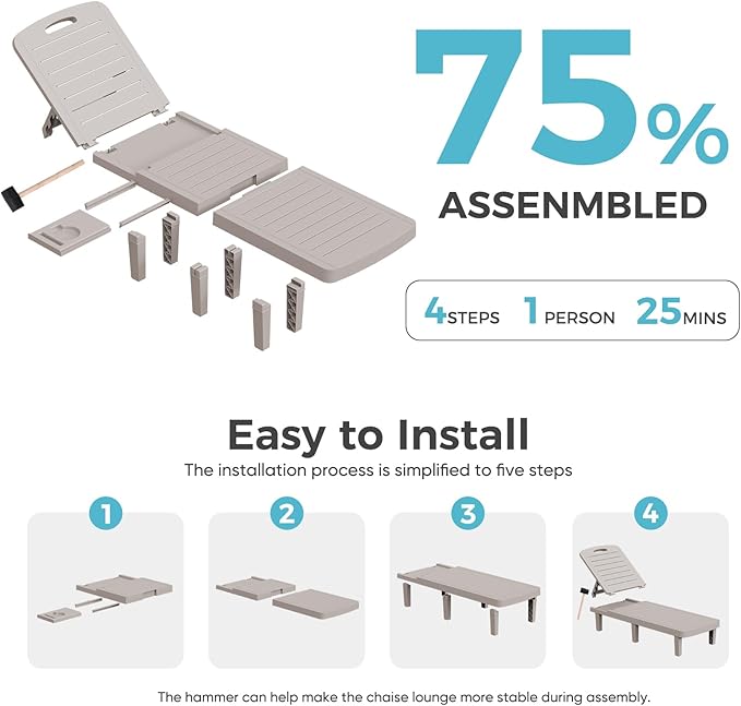 Outdoor Chaise Lounge Set of 6, 5-Position Adjustable Sun Lounge w/Pull-Out Tray, Waterproof PP Lounge Chairs for Outside, Lounge Chairs for Poolside, Patio, Beach, Yard in All Weather,Grey