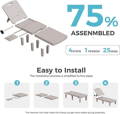 Outdoor Chaise Lounge Set of 2, 5-Position Adjustable Sun Lounge w/Pull-Out Tray, Waterproof PP Lounge Chairs for Outside, Lounge Chairs for Poolside, Patio, Beach, Yard in All Weather,Grey
