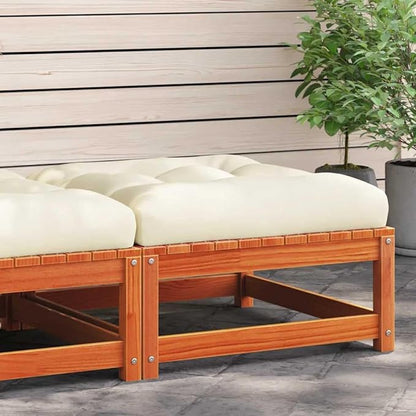 Solid Pine Wood Outdoor Patio Footstool with Removable Cushion, Wax Brown and Cream Color, 27.6 Inches, Weather Resistant and Durable for Garden Balcony Terrace, Rustic