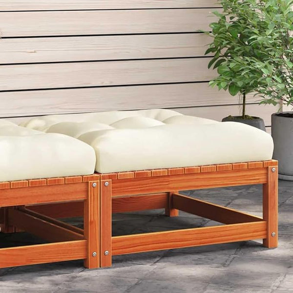 Solid Pine Wood Outdoor Patio Footstool with Removable Cushion, Wax Brown and Cream Color, 27.6 Inches - Photo 1