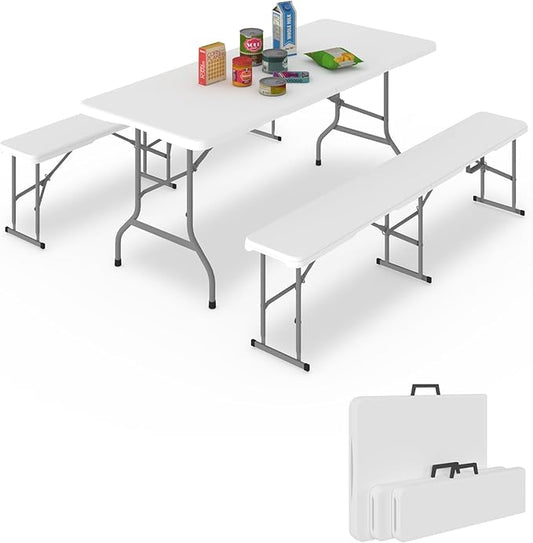 Folding Table Set with 2 Benches, 6 FT Picnic Table and Bench Set, 3- Piece Foldable Camping Tables Sets for Indoor & Outdoor, Portable Plastic Tables Chairs for Party, Wedding, Event, BBQ