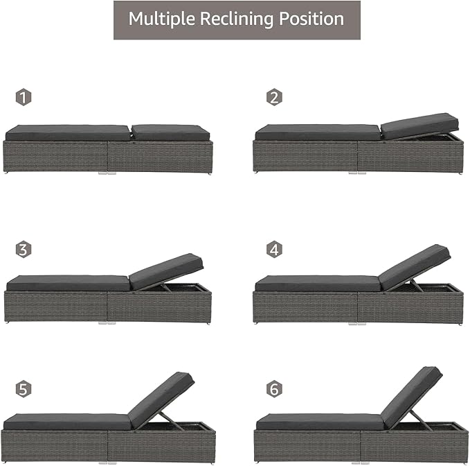 Patiorama Outdoor Patio Chaise Lounge Chair, Elegant Reclining Adjustable Pool Rattan Chaise Lounge Chair with Cushion, Grey PE Wicker, Steel Frame, Dark Grey, Set of 4
